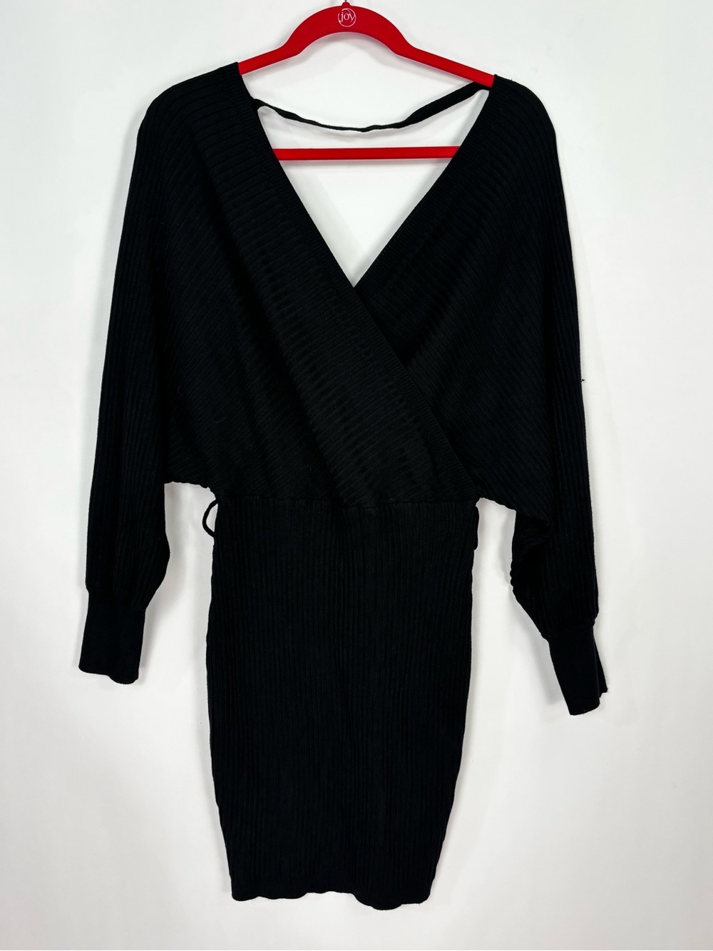 Love Tree Black V Cut Low Ribbed Sweater Dress Long Sleeves Sz Large